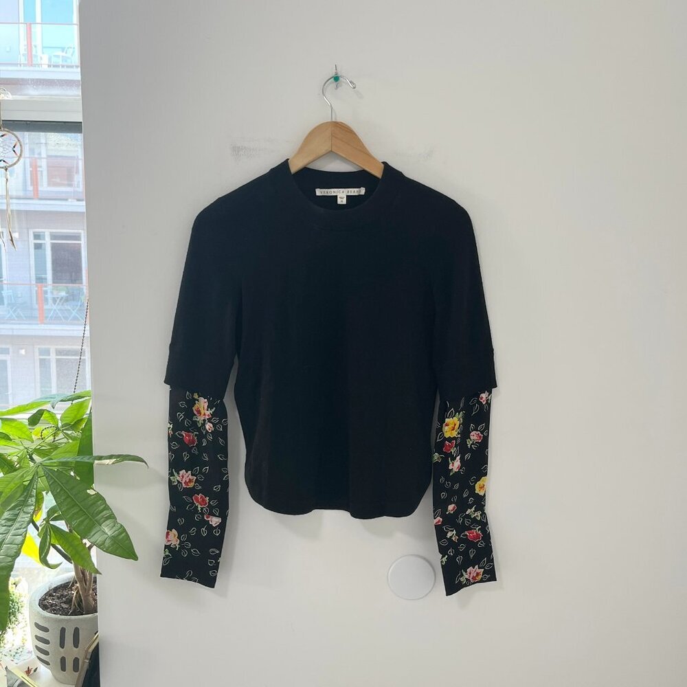 Veronica Beard Black Floral Print Mixed Media Long Sleeve Top Size XS
